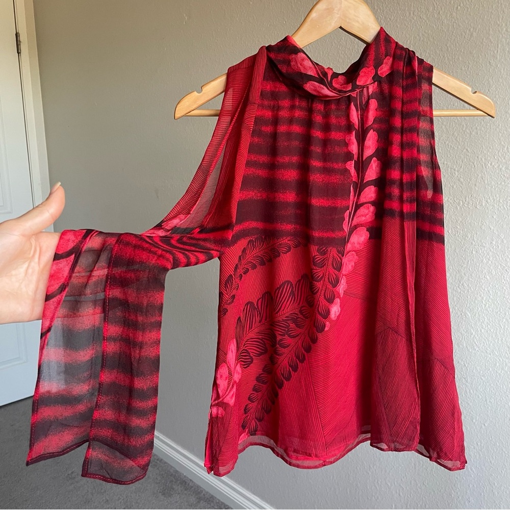 Red Sleeveless Silk Floral Print Top With Scarf